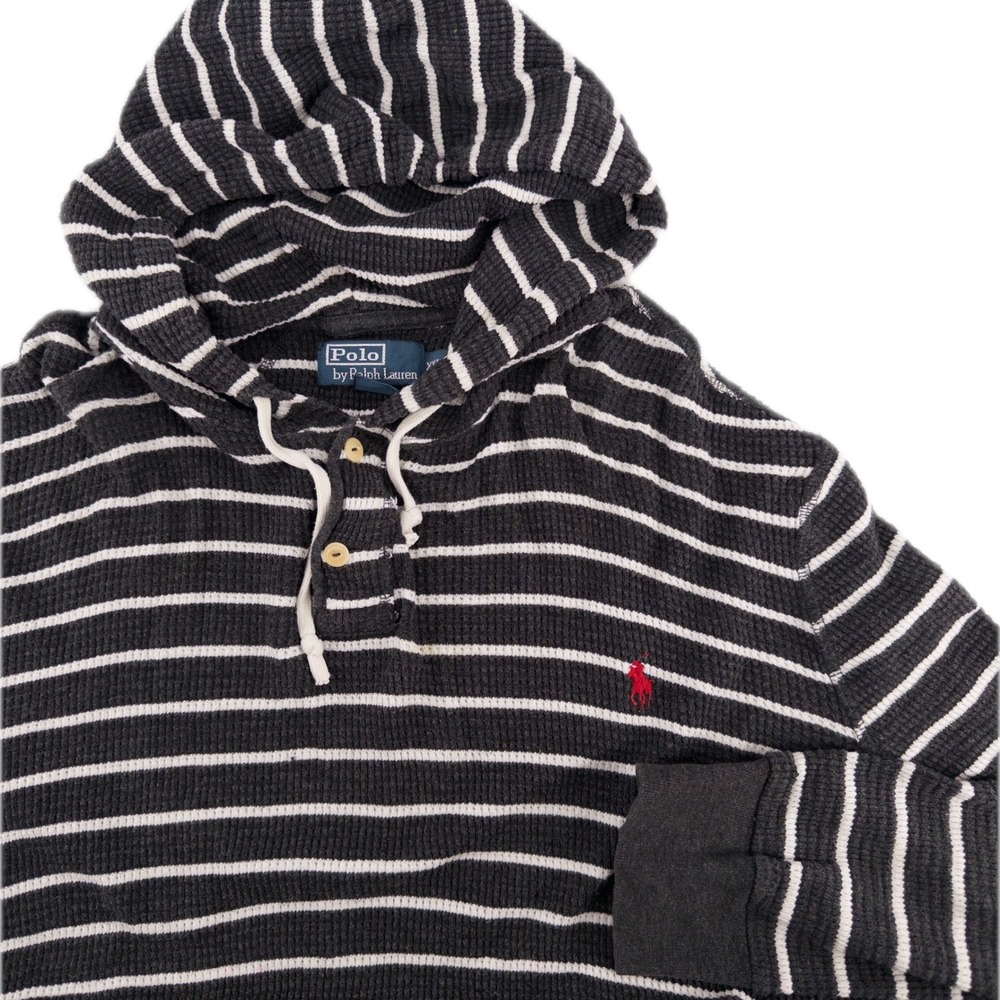 Vintage Polo Ralph Lauren Mens XXL Thermal Waffle Knit Hoodie Gray Striped 90s